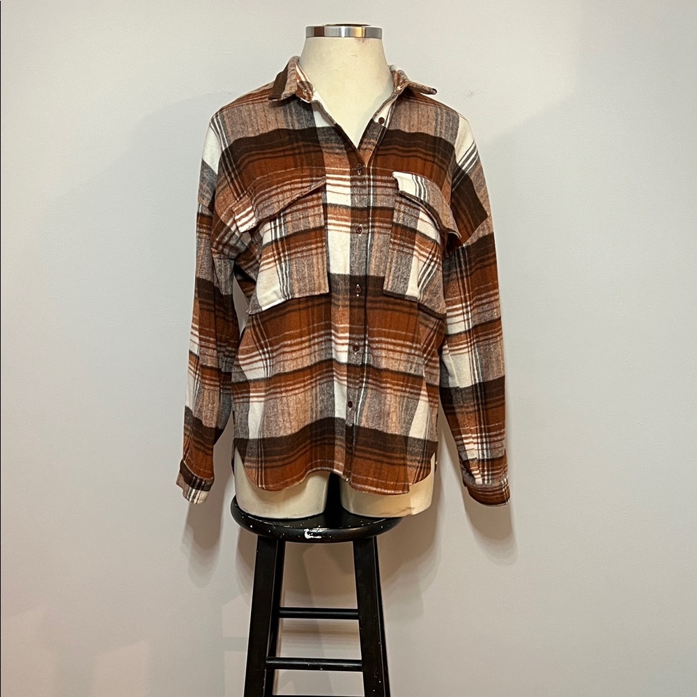 ACOA Rust Brown Multi Plaid Oversized Button Front Collard Long Sleeve Shacket